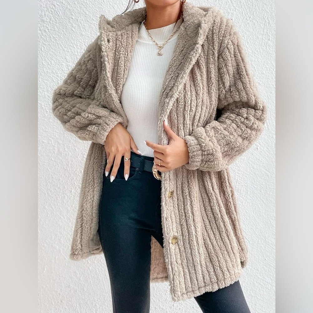 Cozy teddy Button Front Hooded Coat Jackets color Khaki - Picture 8 of 8